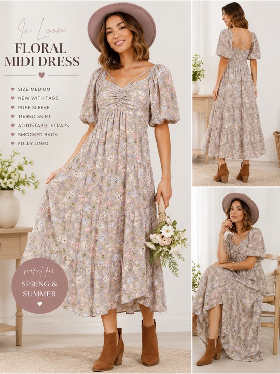 In Bloom Dresses & Skirts - In Loom Floral Puff Sleeve Midi Dress Cottagecore Prairie NWT Medium